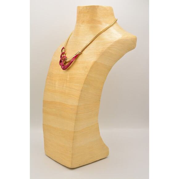 Vintage Collar Necklace Magenta Red Enamel Gold Flex Omega Chain Chunky Bin2C - Picture 9 of 12